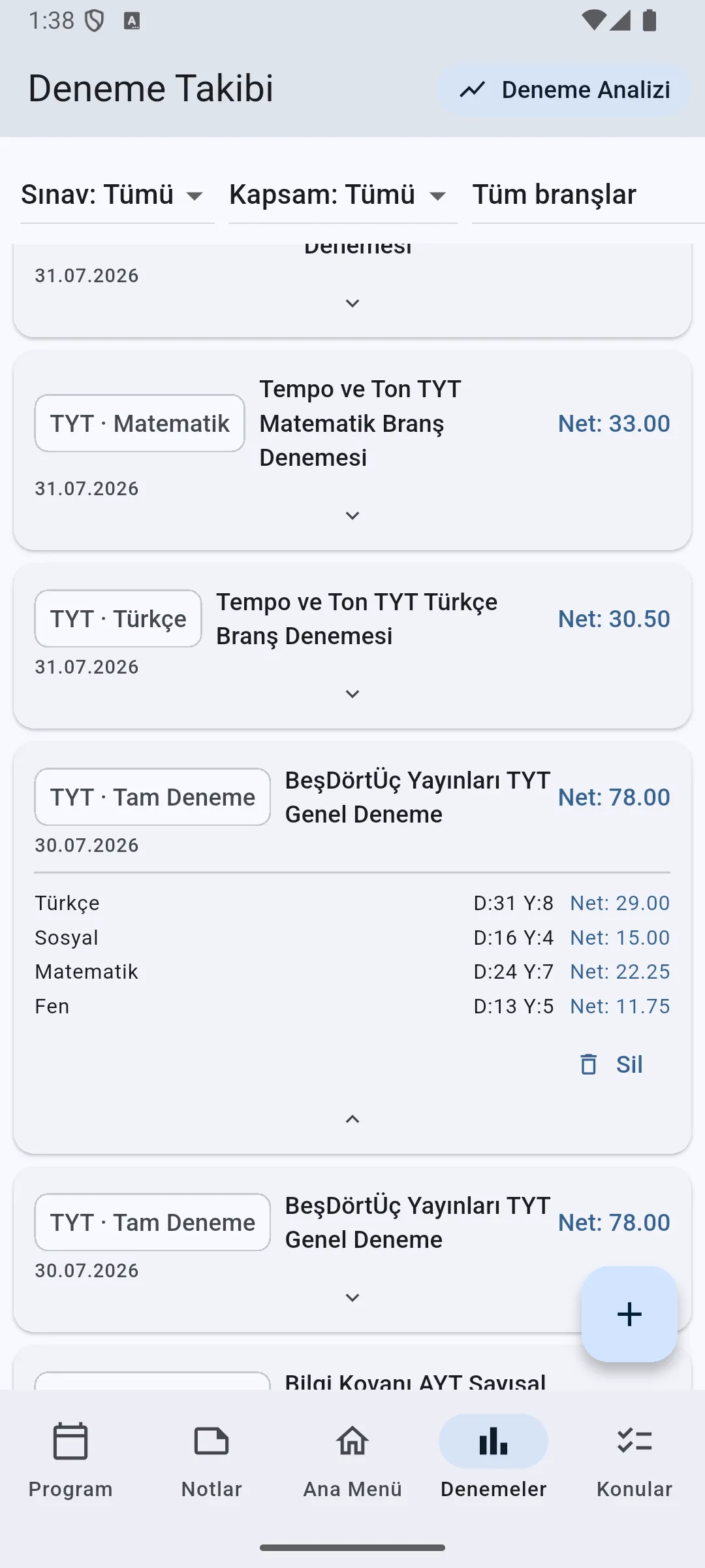 YKS Takip Mock-exam Tracking screen listing exams, dates, and net scores.