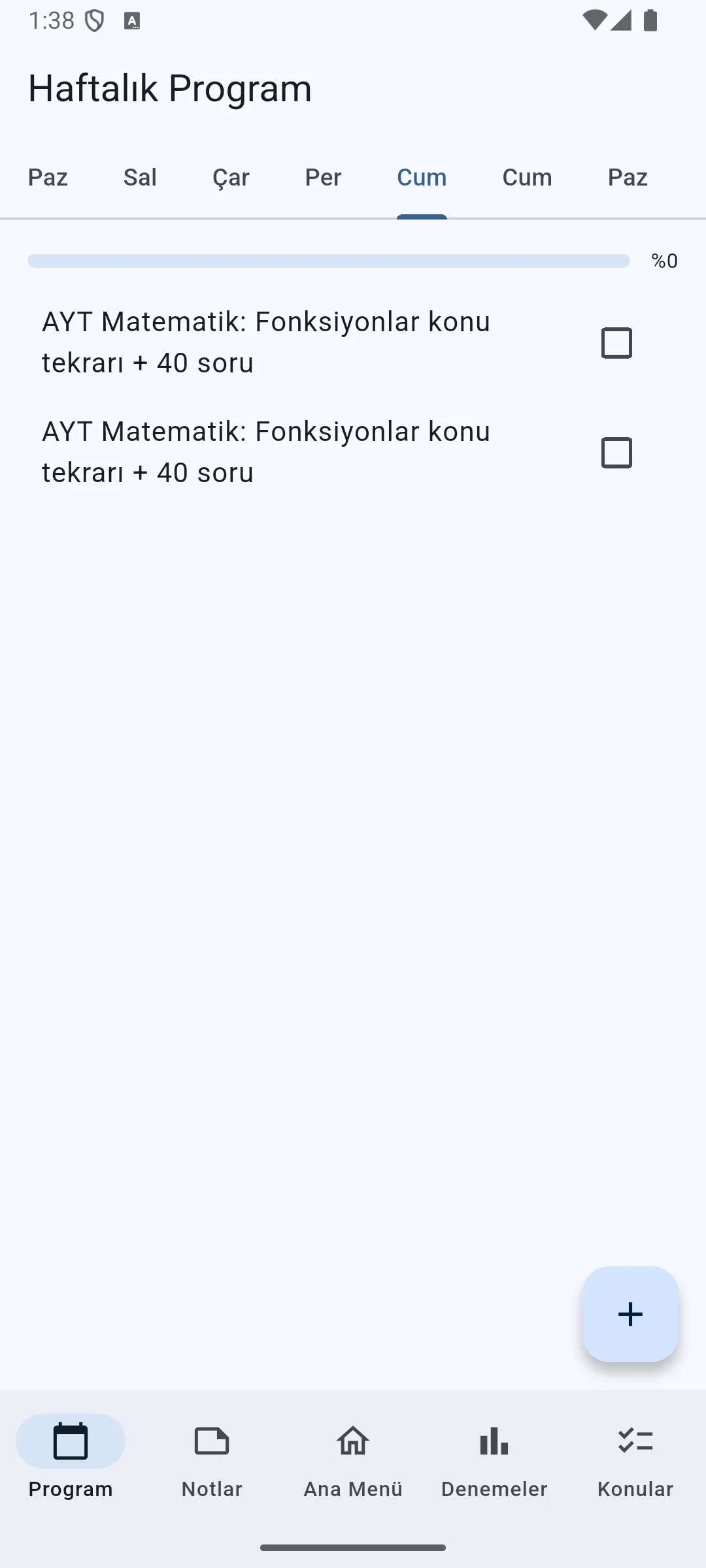 YKS Takip Weekly Plan screen with day tabs, progress, and mathematics tasks.
