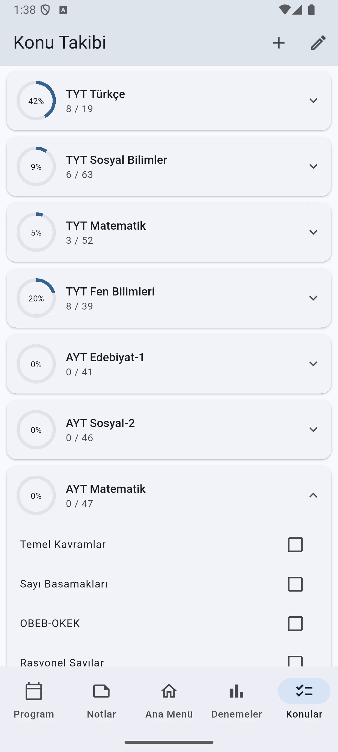 YKS Takip Subject Tracking screen with TYT and AYT course progress and a topic checklist.